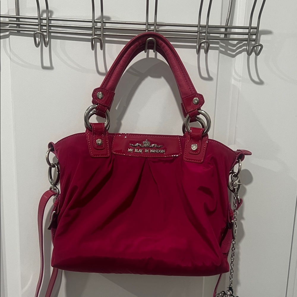 My Flat in London Fuchsia Shoulder Satchel‎ with Silver Hardware and Crown Charm